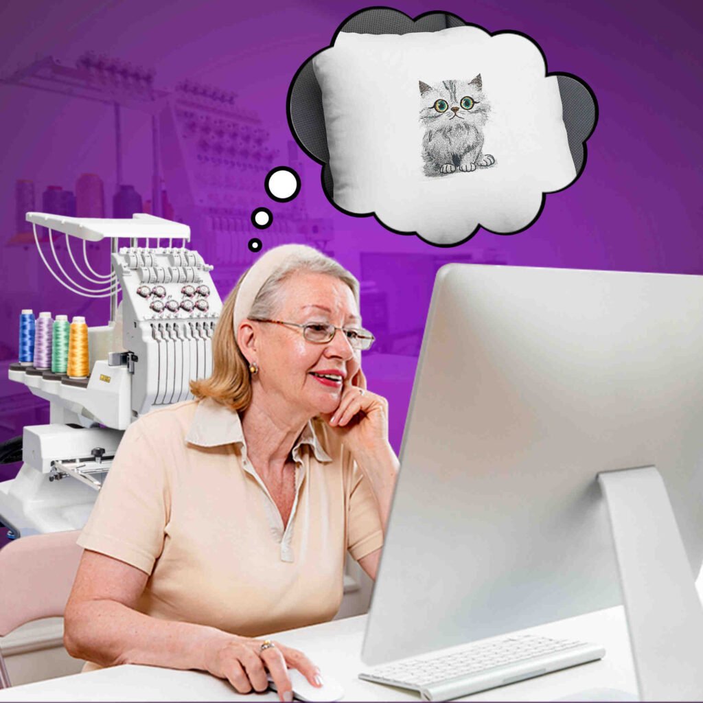 Digitizing Education Banner Lady learning embroidery digitizing and dreaming of creating a cat pillow