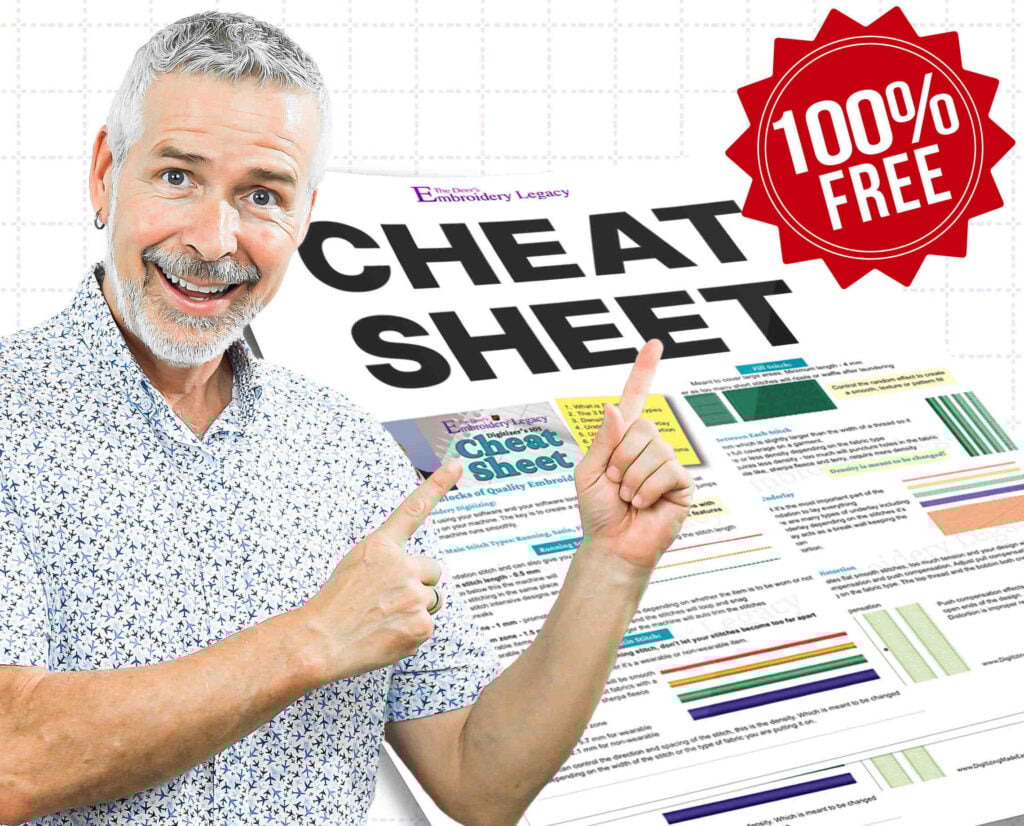 embroidery-digitizing-101-cheat-sheet-highlight John Deer pointing at the embroidery digitizing 101 cheat sheet
