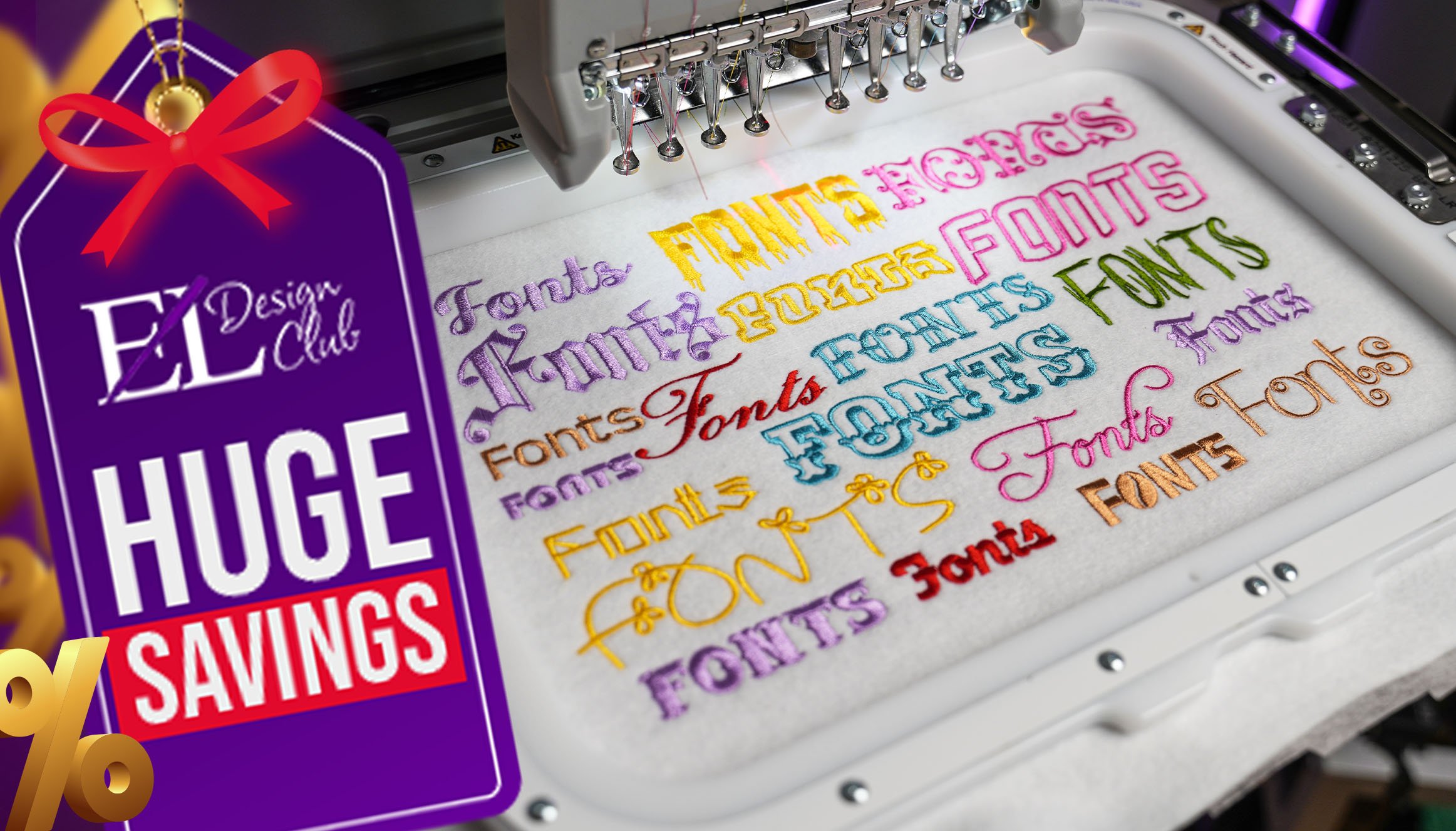 huge-savings-machine-embroidery-fonts Huge savings text behind fonts sewn onto embroidery machine