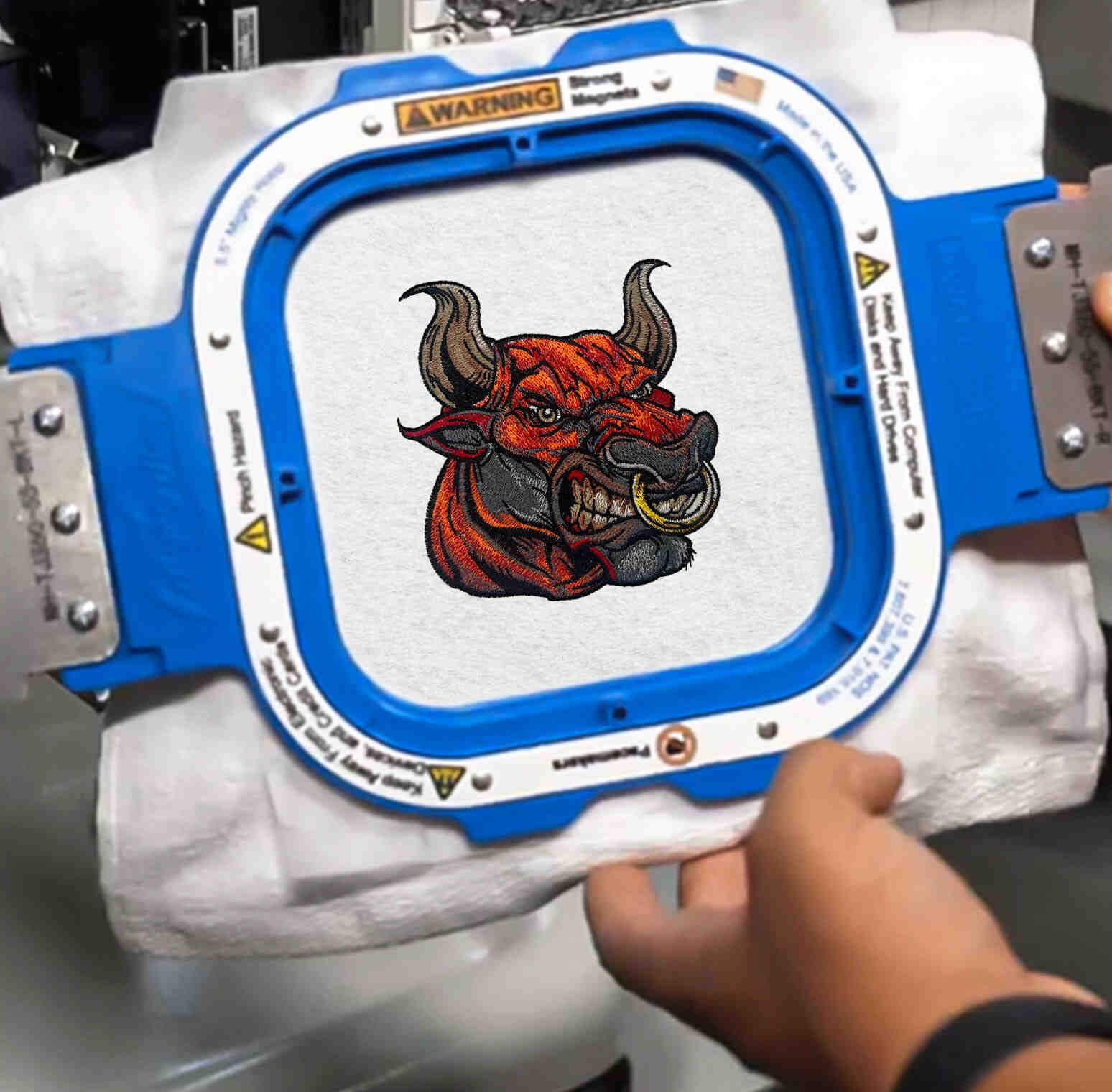 Bull embroidery design inside of a Mighty Hoop