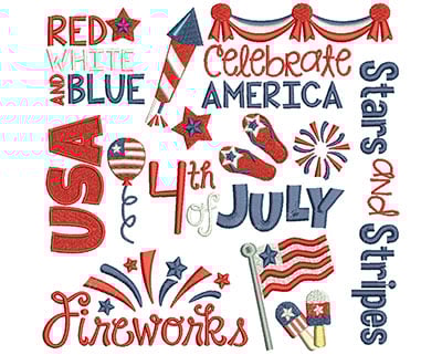 Embroidery Design: 4th of July Word Art 7.71w X 7.51h
