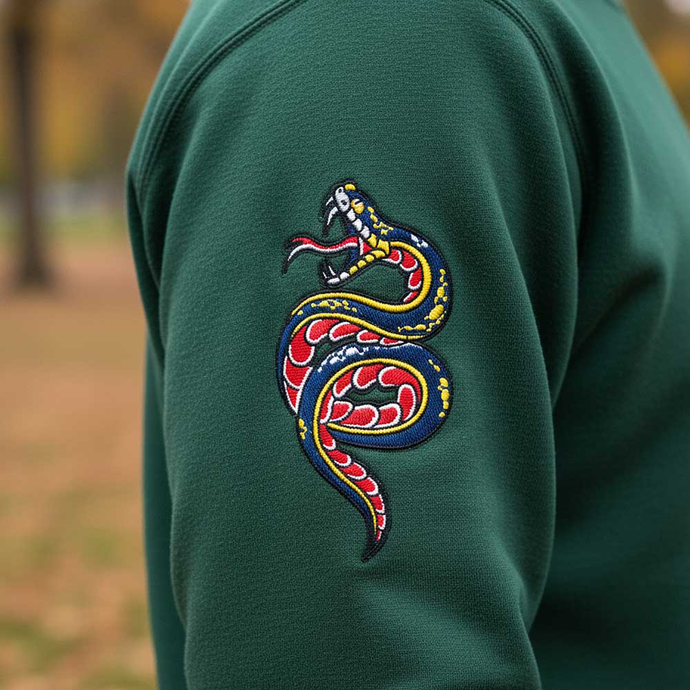 Tattoo style snake embroidery design on sweater sleeve