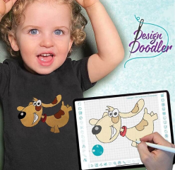 image 1796 Design Doodler software with dog embroidery design on iPad and child with the same design on his shirt